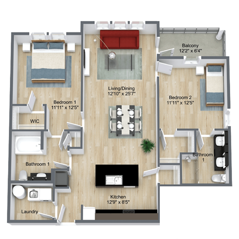 Floor plan for 2 beds, 2 baths, 1189 sqft